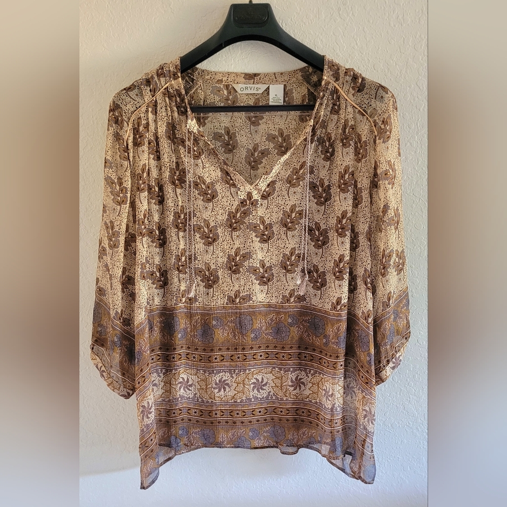 Orvis Silk Tan and  Brown Gray Boho Patterned Blouse Sz. XL. Like New Lagenlook
